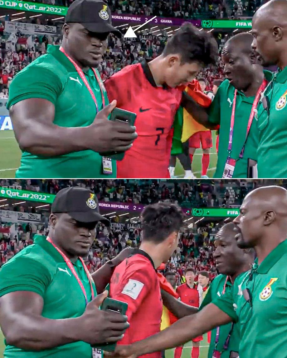Забавный и одновременно странный момент в матче Южной Кореи и Ганы. Один из тренеров африканцев делает селфи с плачущим Сон Хын Мином. Реакция товарищей показательна. Фото: кадры из трансляции.