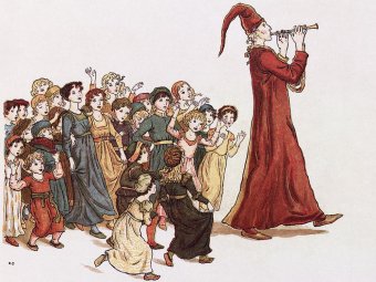 Гамельнский крысолов уводит детей из Гамельна. Иллюстрация Кейт Гринуэй (1910) к поэме Роберта Браунинга.